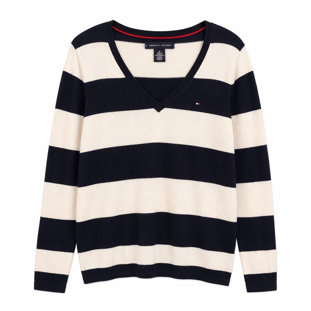 Tommy Hilfiger Womens Rugby Striped V-Neck Sweater Navy  Cream Knit Pullover Med - Picture 2 of 6